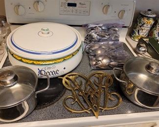 Virginia Metalcrafters Williamsburg Brass Trivet, Silverplated Flatware, Stainless Flatware