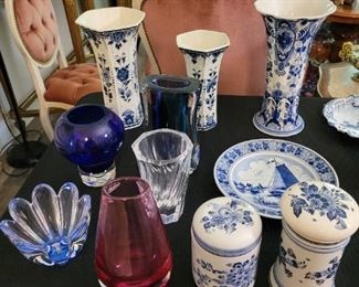 Orrefors Vintage Colored Glass Vases and Delft Holland Blue White Porcelain 