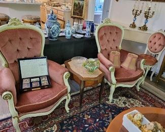 Vintage Parlor Chair Set , Antique Italian Tea Table 