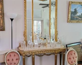 Antique French Gilt Trumeau Mirror and Gilt Marble Top Console 