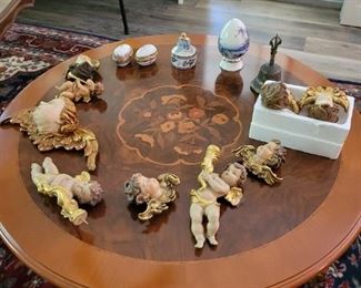 Vintage Inlay Coffee Table,  Antique Italian Putti Cherubs