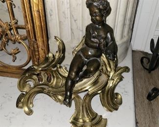 Antique french dore bronze putti chenets andirons