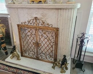 Antique Italian marble mantle piece, Antique Italian gilt iron fireplace screen, Antique French dore bronze putti fireplace chenets /andirons