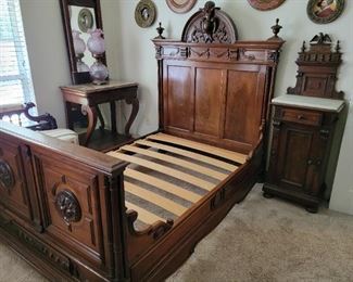 Antique Carved Full Bed, Antique English Nightstand