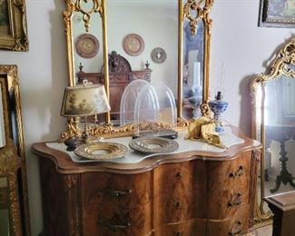 Vintage Italian Mirror, Antique Italian Burl Chest 