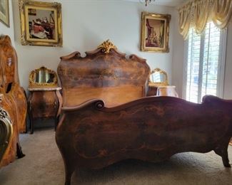 Antique Italian Louis XV Style Queen Bed and Nightstands with Gilded Mirrors