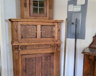 Antique German Oak Corner Cabinet