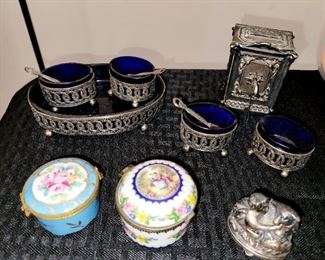 Sterling cobalt salt cellars, Limoges France pill boxes