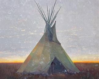 SOLD - Original oil by renowned artist Tom Gilleon. “Sioux Sunset.” Large format; measures 48x48. Side adorned with arrowhead. Artist signed on front and back. Gallery & artist information included. Original bill of sale notes $24K. Reference inventory #21. $6000
