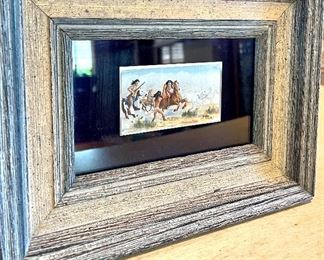 Helping Hand by artist Sandi Gipe. Oil on cigarette paper, A7; mounted on stainless steel. Originally sold at Trailside Galleries. Measurement with frame 6 x 8; artwork alone 1 ⅝ x. Reference inventory #18. $200
