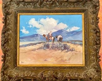Original oil on canvas by artist James Butler.  Imagery depicts the desert southwest with horse, donkey and one rider. Artist signed. Excellent condition. Vintage. Measurement with frame 29l x 26 h; Canvas only 19.5l x 15h. Reference inventory #12. $500
