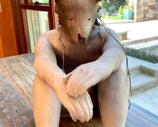 Sculpture by artist Liz Wolf. Boy playing dress up with horns. Ceramic medium with leather adornments on the mask. Very small chip on one of the horns. 15l x 10w x 15h . Additional images available throughout the sale listing. Reference inventory #4. $1800