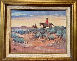 Original oil by James Butler. Imagery depicts the desert southwest, 2 riders on horseback, vintage, Measures 22L  x 19H. Reference inventory #22. $400
