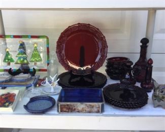 Red glass plates, salad and bowls set, leaded glass box, etc.