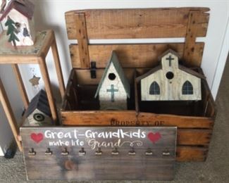 Tile water  holder or plant stand, photo clip board, bird houses, plank wood box shown open