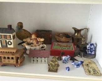 Cable car music box,  tea cup art, old wood puzzle in box,