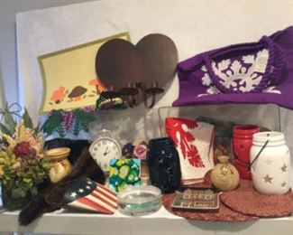 New Hawaiian art textile bag and pillow cover, red white blue candle jars, reversible vintage placemats