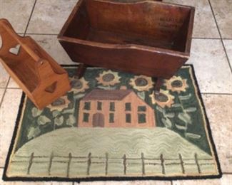 Fun hooked rug, large doll cradle, tool kit