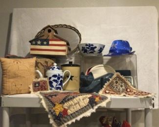 Bird house, one of a kind textile artworks, fits and Floyd blue and white pieces, large wooden carved cat