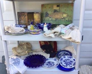 Asian screen, folk art fish, round table cloths, blue and white China, crochet silk antique satchel, repro early American full size flag