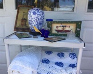 Chenille bed covers, great pattern on left one, hard to see in pic, Uncle Sam on watermelon exceptional hand painting, blue and white ginger jar style lamp with shade, 
