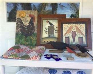 Hand painted rooster with 3-D effect, folk art prints, zippered seat cushion, cobalt and metal cross, 