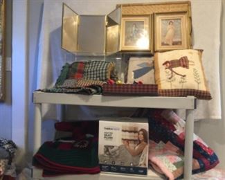 Tri fold mirror with gold crazing, pinky and blue boy in shadow box frames, special pillows and quilts, heated plush throw new in box