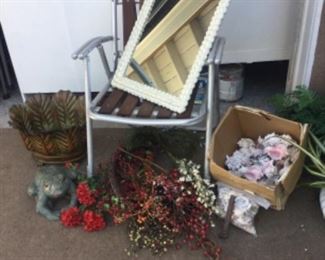 Great shell mirror, folding chair, faux flowers, shells for art projects, great garden pottery frog, metal,planter