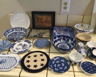 Flow blue China, blue and white dishes