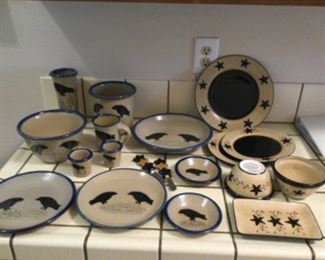 Crow or raven pottery dishes, blue and burlap star dishes, 