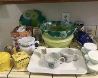 Super fun oversize floral bowl and platter, xl Tupperware covered bowl, colander, graters, covered small bowls,
