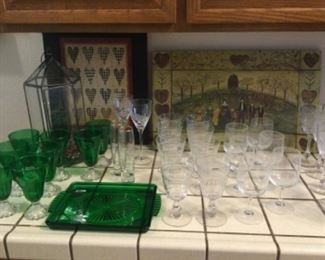 Green and clear goblets, etched goblet set, wine glasses, folk art pictures