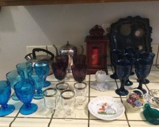 Aqua goblets, purple and clear goblets, blue glass goblets, 