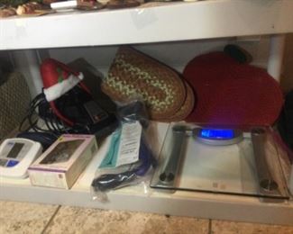 Working scale, hand vac with loooong cord, blood pressure cuff, new folding cane, pedicure kit