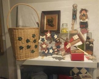 Huge basket, wood star wreath, grape art in antique frame, Native American art, bird wood wall art,  Mary engelbright music box