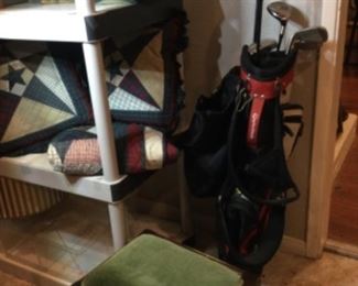 Young mens gold club set, footstool,