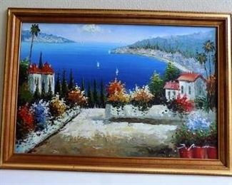 LARGE ORIGINAL OIL PAINTING OF LAKE TRAVIS OUT BY THE OASIS RESTAURANT BY S. BENNETT (?)