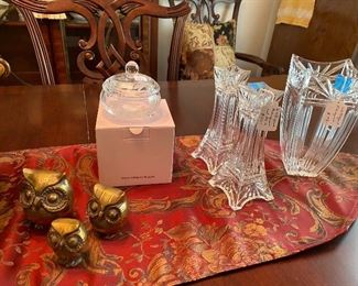 Waterford Marquis vase, covered trinket box and candlestick pair.  