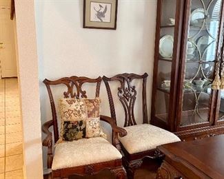 Chairs have a beautiful designs, cream damask seats, very comfortable , two arms and six straight 