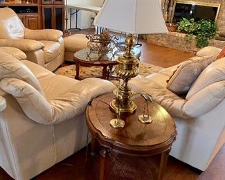 Ethan Allen end tables and brass lamps, all are lovely and in great shape, this one is round with cane bottom shelf