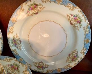 Noritake M backstamp , pattern is Chevonia, lovely blue, gold with small pink roses on garland , complete service for 12 plus many serving pieces, 80 piece set $450.00 
