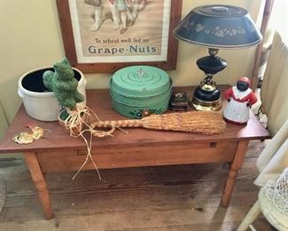 Table -  Crock - Vintage Metal Cake Holder - Metal Lamp - Aunt Jemima Cast Bank....