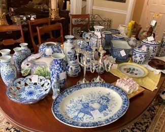 various blue and white import Oriental-inspired porcelain