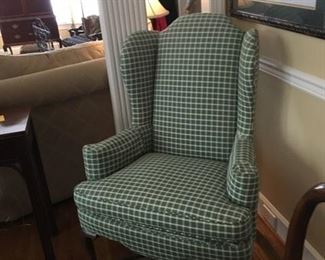 one of a pair green & white wingback chairs 
