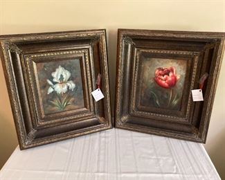 framed tulip and iris pair oil on canvas