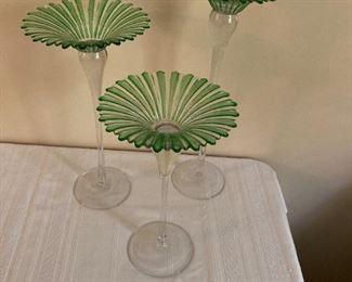 set of three tiered art glass candle holders