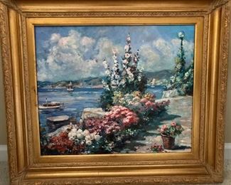 framed harbor view oil on canvas