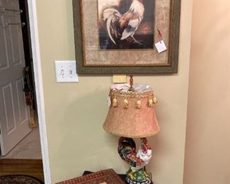 laminated acrylic tapestry tray, framed barnyard scene & porcelain Chanticleer lamp