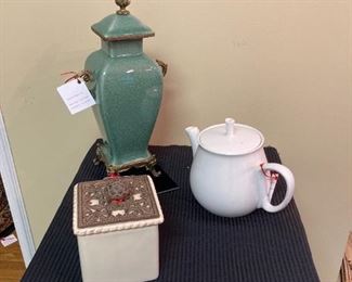 covered celadon urn, 1950's Franciscan "Cloud Nine" teapot, "Gracious Goods" tea caddy