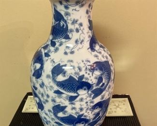 vintage chinoiserie blue & white Koi vase 16"